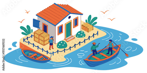 A house on an island with a boat nearby Vector