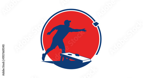 Cornhole silhouette in a red and blue circle game logo or graphic element