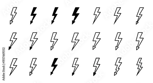 Set of simple thunderbolt icons black and white variants for design assets