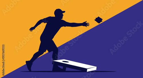 Silhouette of a person playing cornhole on a colorfully divided background