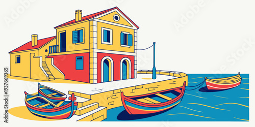 A colorful house and boats by the sea Vector