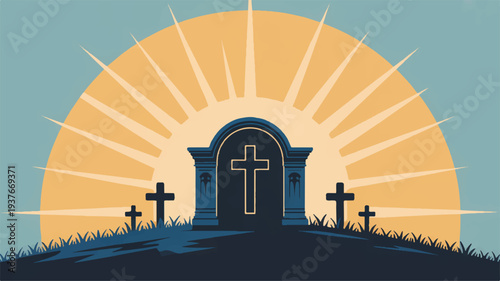 Cemetery entrance with crosses at sunrise symbolizing hope and remembrance