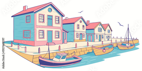 A colorful illustration of a harbor with buildings and boats Vector