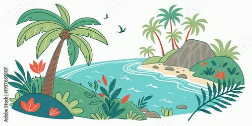 A tropical island with palm trees and a body of water Vector