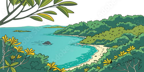 A serene pixel art beach scene with lush greenery and turquoise water Vector