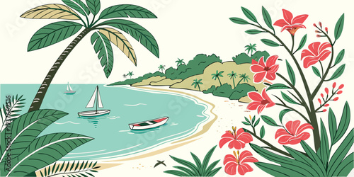 A serene tropical beach scene with palm trees and pink flowers Vector