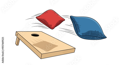 Cornhole game illustration red and blue beanbags in motion toward the wooden board