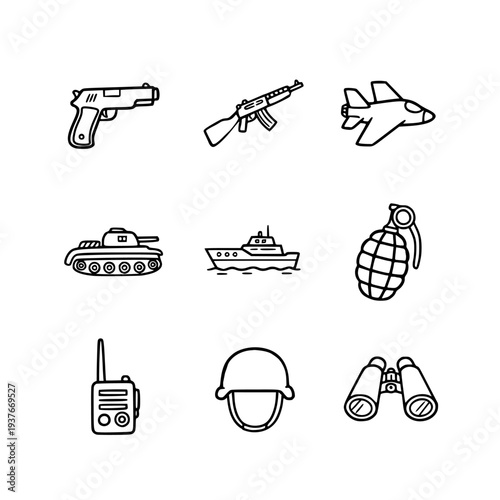 War icons set Military equipment Hand drawn  illustration