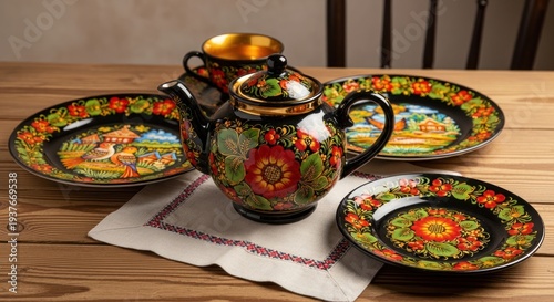 A vibrant and colorful tea set with intricate floral designs, featuring a teapot, a cup, and two saucers.