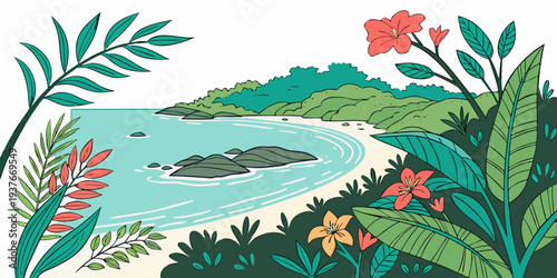 A serene tropical beach scene with colorful plants Vector