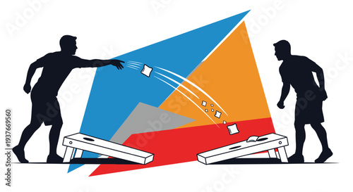 Cornhole game illustration silhouettes of players throwing beanbags at boards