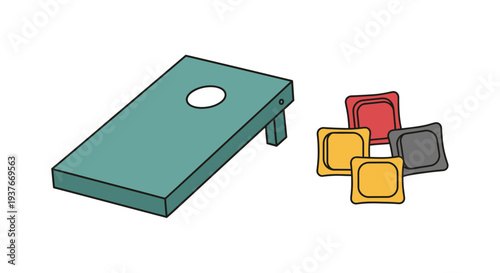 Illustrated cornhole game set with board and bean bags for recreation