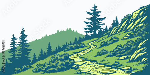 A green hillside with trees on a white background Vector