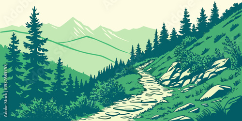 A serene mountain landscape with a stream Vector