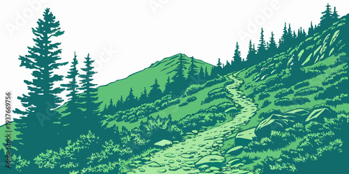 A green hillside with trees and a trail Vector