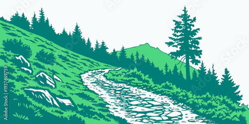 A green hillside with a stream running through it Vector
