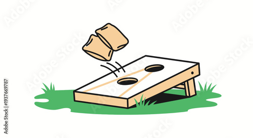 Cornhole game illustration bags tossed towards a wooden board with holes