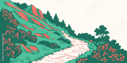 A winding road through a green hillside with red flowers Vector