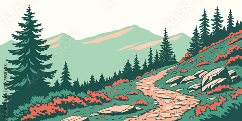 A serene mountain trail with vibrant wildflowers and evergreen trees Vector