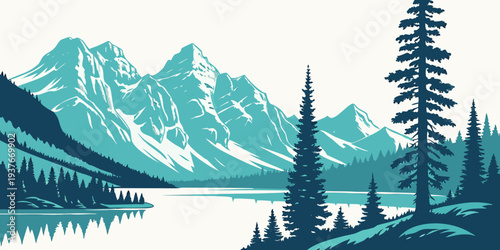 A serene lake scene with mountains and trees Vector