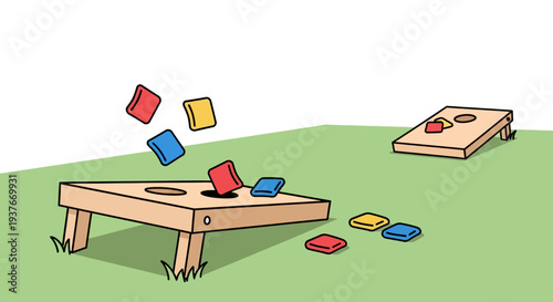 Cornhole game illustration with bean bags and wooden boards on green grass field
