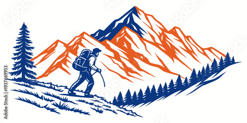 Hiker exploring majestic mountain range with trees Vector