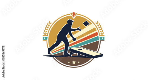 Cornhole silhouette logo with retro colors and design elements on white