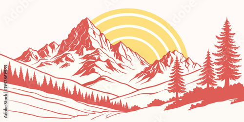 A red and yellow illustration of a mountain range at sunset Vector
