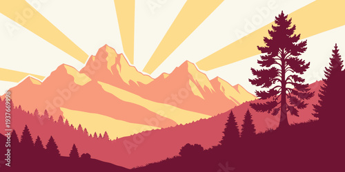 Sunrise over a mountain range with trees Vector
