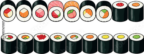Sushi rolls set – assorted maki with salmon, tuna and avocado illustration