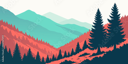 A colorful illustration of mountains and trees in the fall Vector