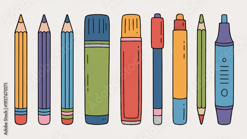 Colorful pencils markers and pens arranged in a row on a plain background for art and design