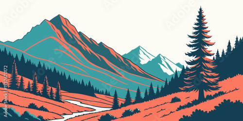 A serene mountain landscape with a stream and trees Vector