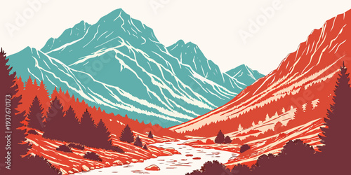 A stylized illustration of a mountain range with a river Vector