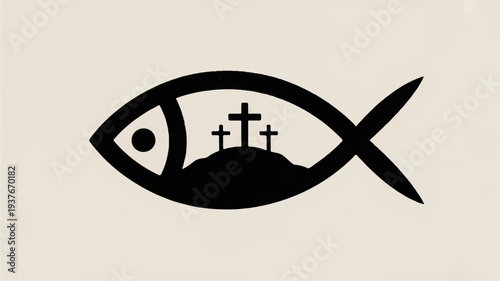 Black fish symbol with three crosses inside representing faith and spirituality on beige background