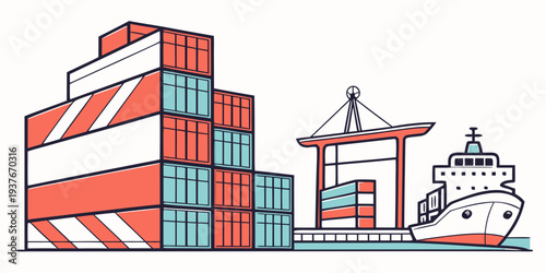 A cargo ship and containers on a dock Vector