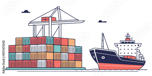 A cargo ship is docked at a port with a large stack of shipping containers Vector