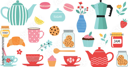 Tea time kitchen collection flat vector illustration with teapot cups cookies jam honey croissant and cozy cafe elements