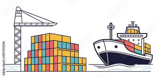 A cargo ship and crane loading colorful shipping containers Vector