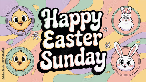 Happy easter sunday celebration with cute cartoon easter bunny and chicks on colorful background