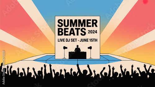 Summer music festival crowd with live dj set on stage under colorful sunburst background