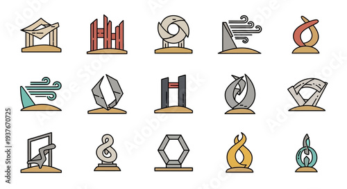 Abstract Modern Sculptures and Monuments Icon Set.