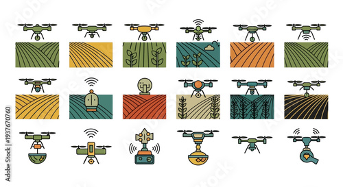 Agricultural Drones Monitoring Fields and Crops Icons Set.