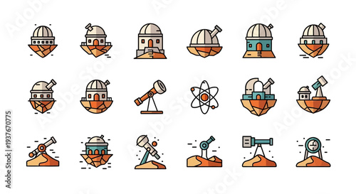 Collection of Astronomical Observatories and Telescopes Icons.