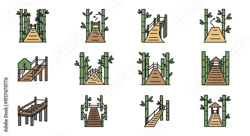 Collection of Bamboo Bridge Illustrations and Icons.