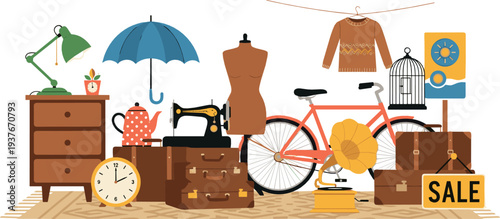 Vintage Flea Market Sale Scene with Retro Furniture, Sewing Machine, Bicycle and Antique Decor Vector Illustration