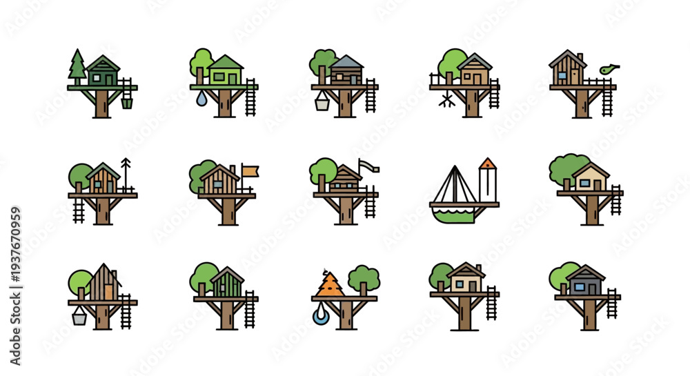 Obraz premium Collection of treehouse icons in various designs and styles.