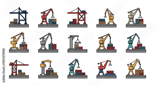 Collection of Industrial Cranes Lifting Cargo Containers.