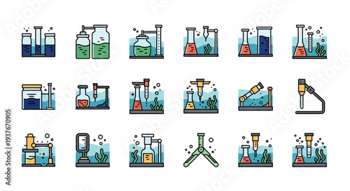 Collection of laboratory glassware and chemical experiments in a science lab.