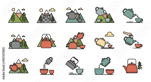Collection of Tea Kettles and Cups with Mountainous Landscapes.